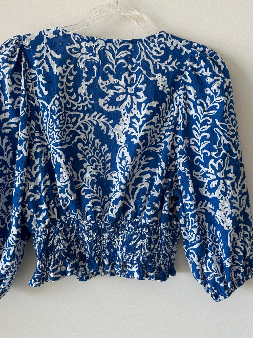 Zara Blue and White Floral Print V-Neck Smocked Waist Blouse